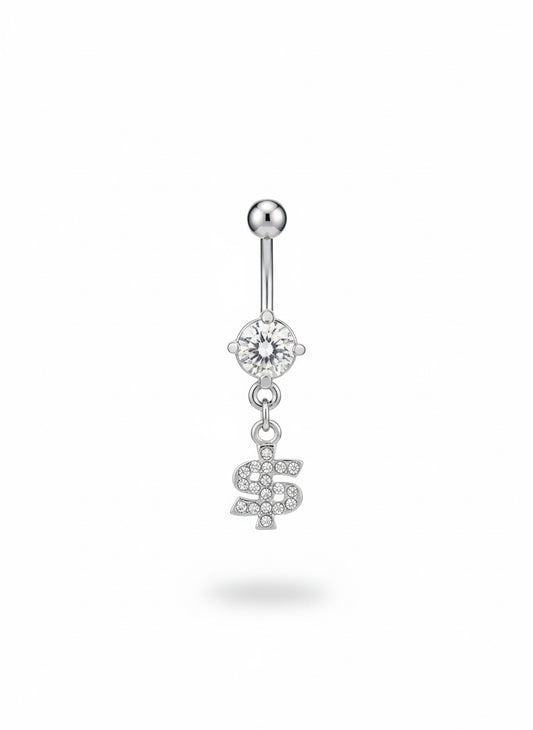 14G stainless steel dollar sign dangle belly button ring with clear cubic zirconia stones