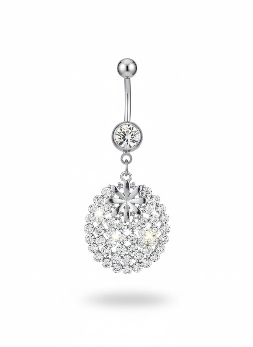 14G stainless steel rhinestone dangle belly button ring.