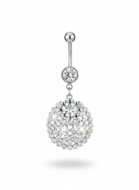 14G stainless steel rhinestone dangle belly button ring.