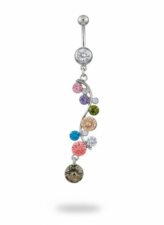 Multicolored belly button ring with a white background