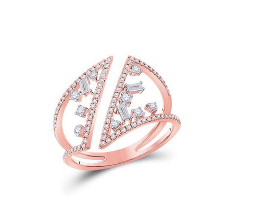 14K gold fashion ring with scattered baguette diamonds, 3/8 carat total weight, modern space-inspired design