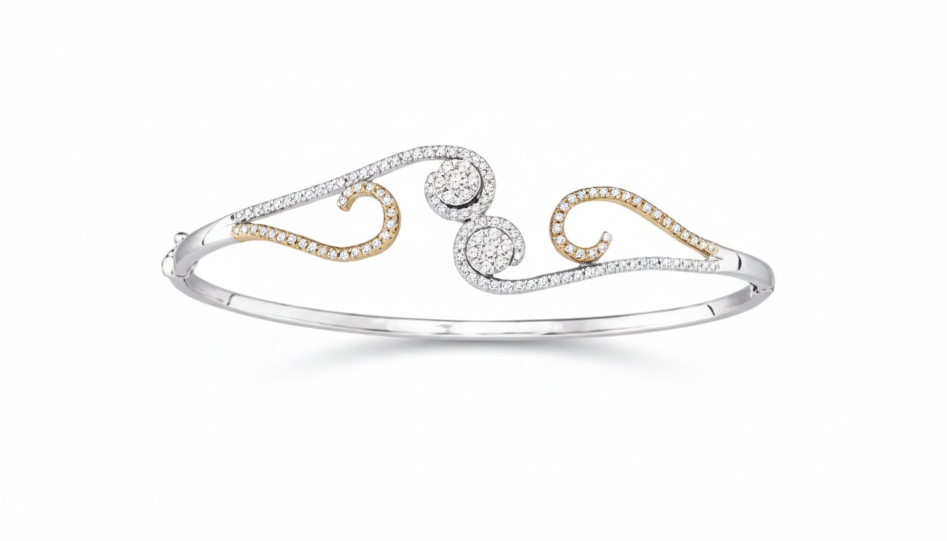 14K gold diamond curl flower bangle, elegant handcrafted fine jewelry