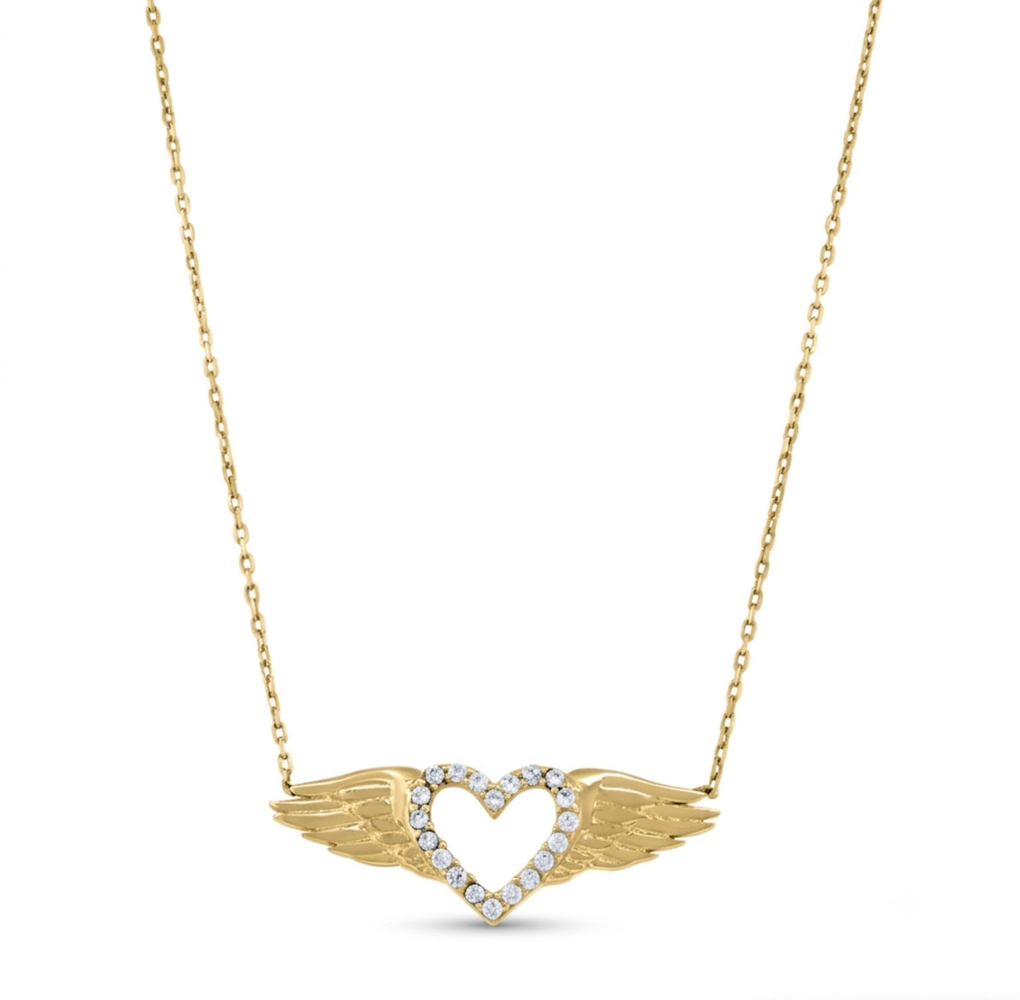 14K Diamond Cut Heart with Angel Wings Necklace