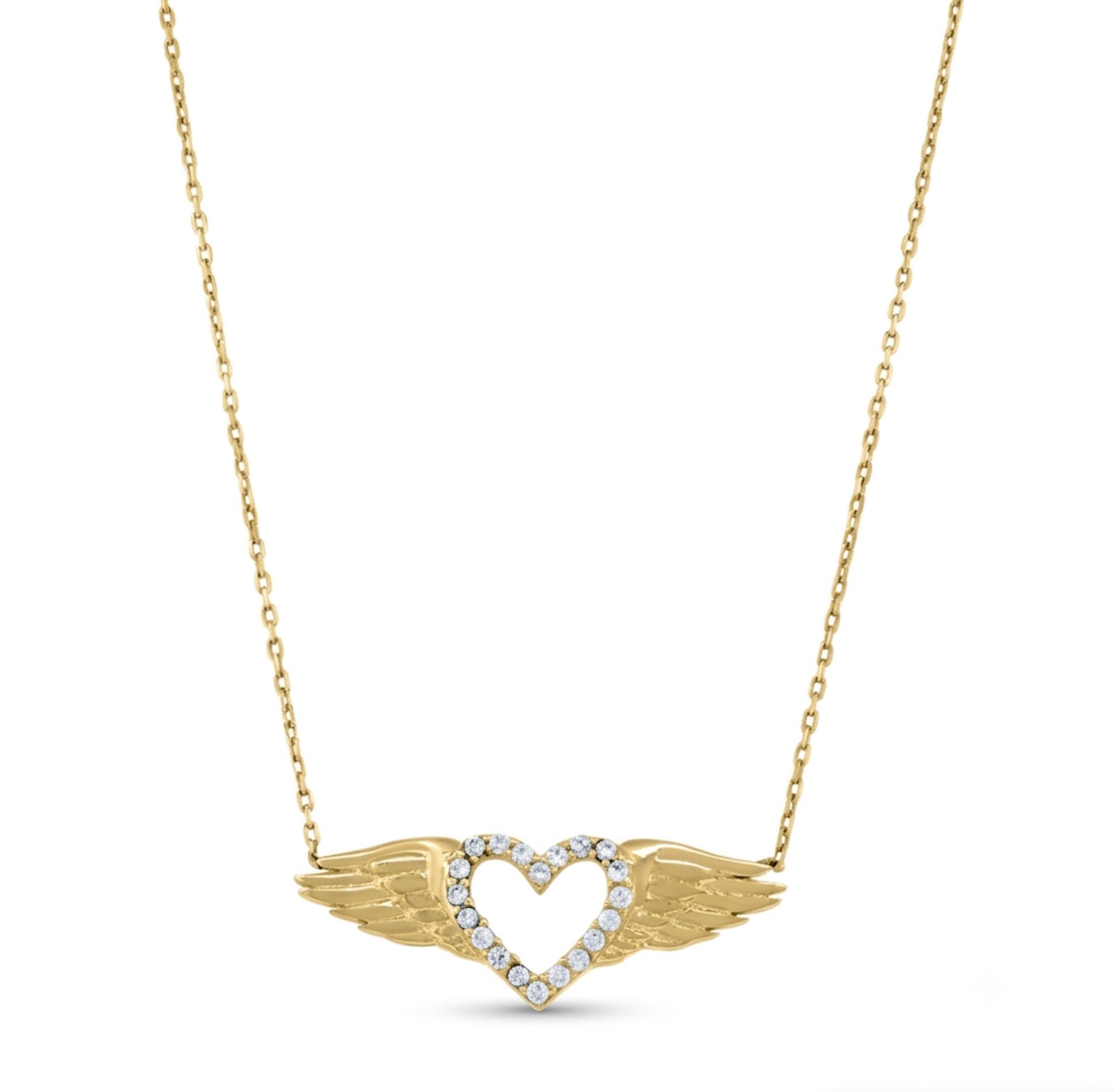 14K Diamond Cut Heart with Angel Wings Necklace