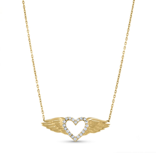 14K Diamond Cut Heart with Angel Wings Necklace
