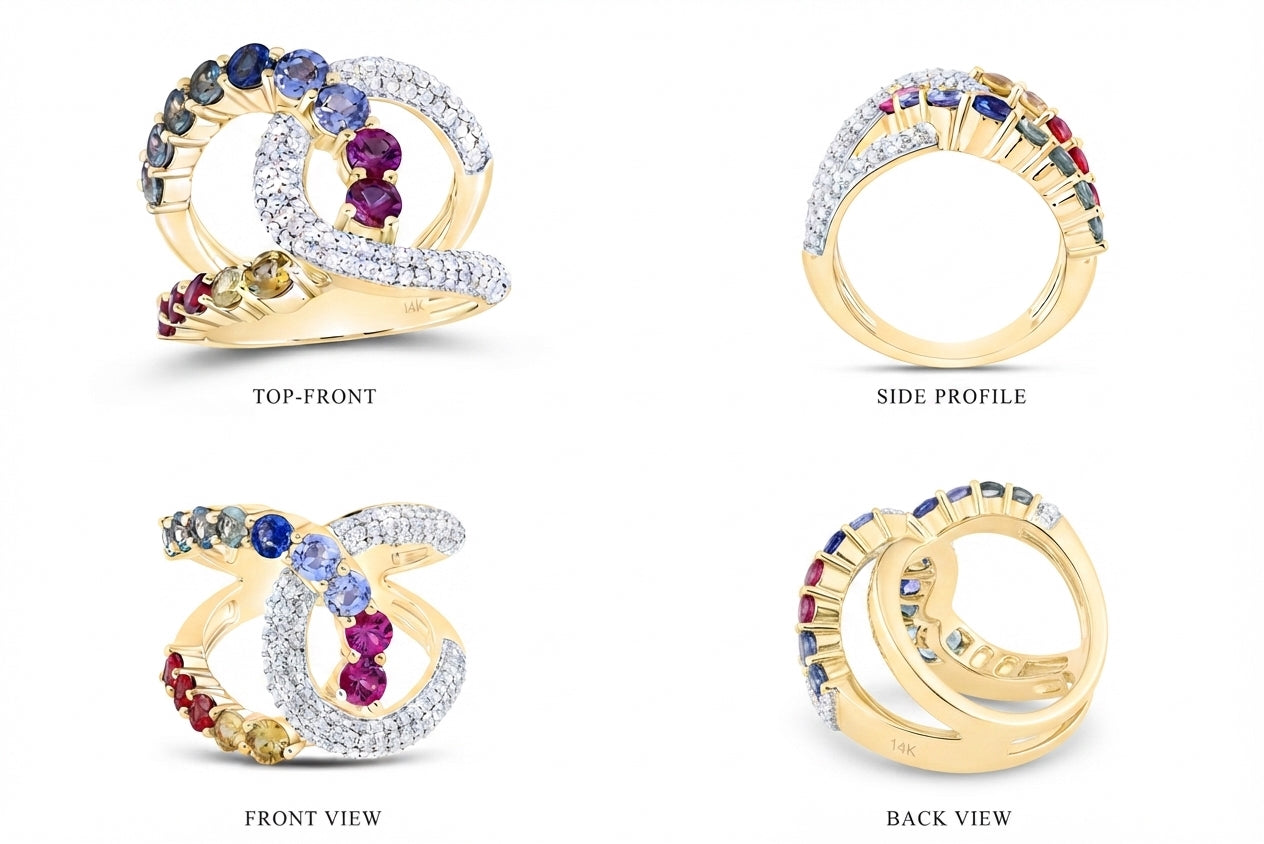 Detailed view of diamond and multi-color sapphire setting in 14K gold ring