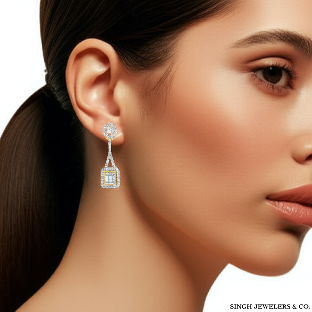 14k gold diamond octagon baguette dangling earrings 7/8CTW