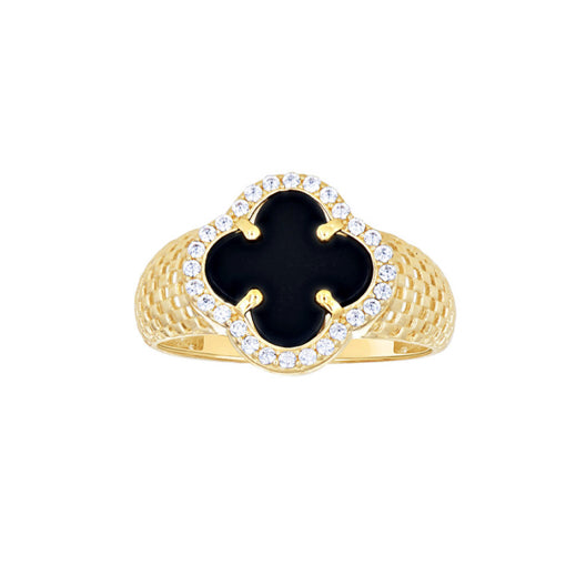 14K Gold Black Clover Ring with CZ – Front View