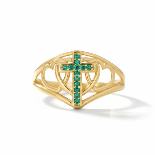 14K yellow gold ring with cross and heart and green CZ stone