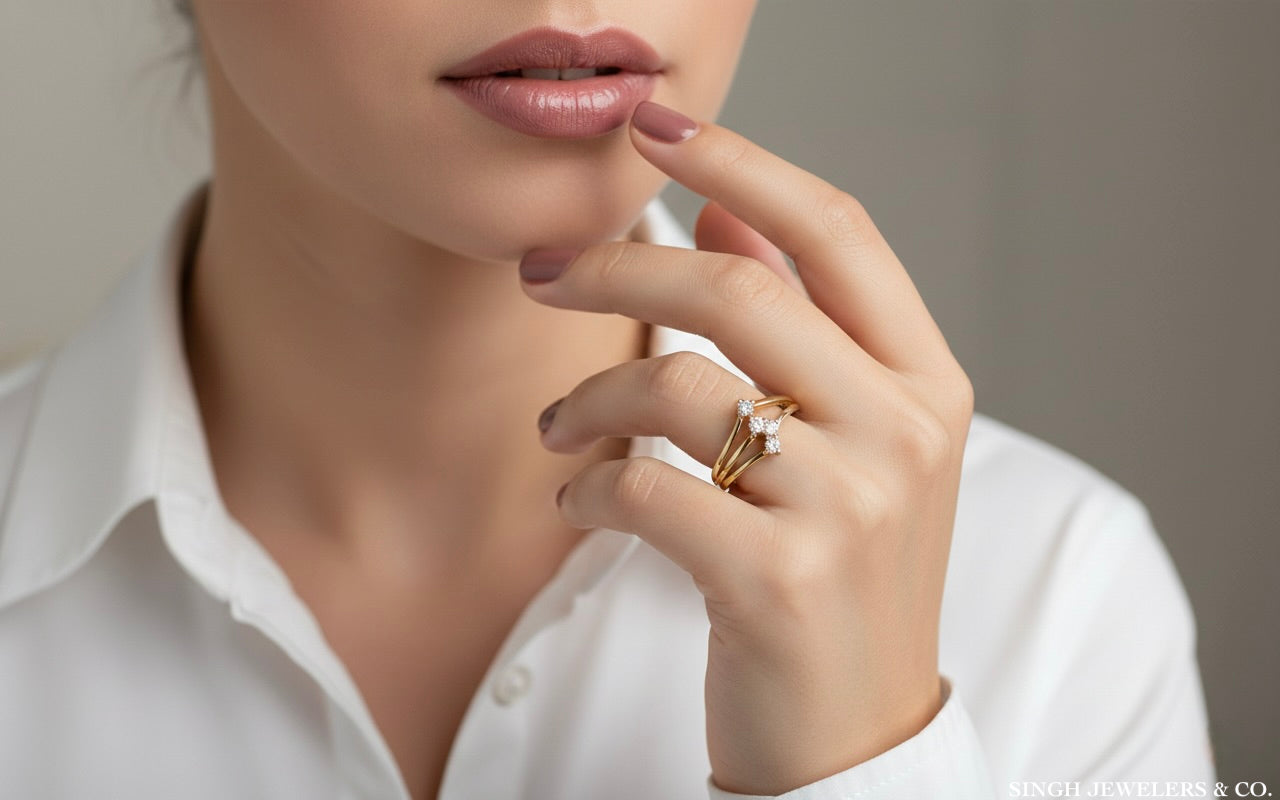 14k gold CZ layered ring worn on hand