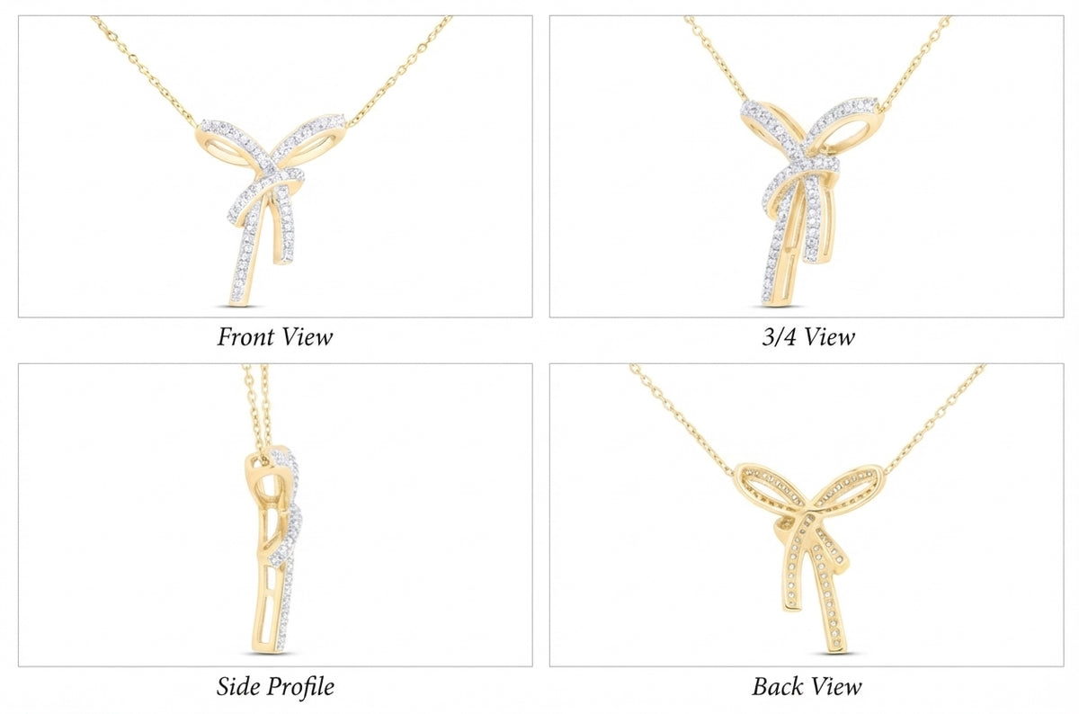 Close-up of 1/5 CTTW natural diamonds on 14K gold love knot necklace