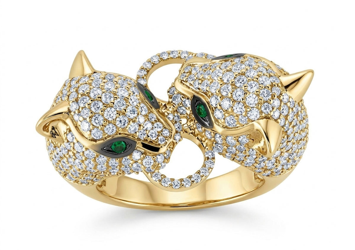 14K gold ladies' leopard ring with natural round diamonds and emerald accents