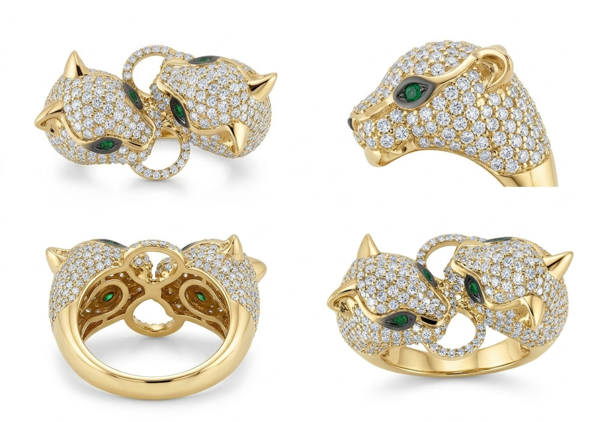 14K gold ladies' leopard ring with natural round diamonds and emerald accents different angles