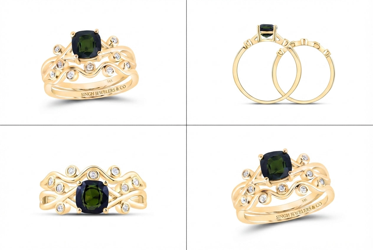 14K gold bridal ring set with 6mm cushion cut green tourmaline