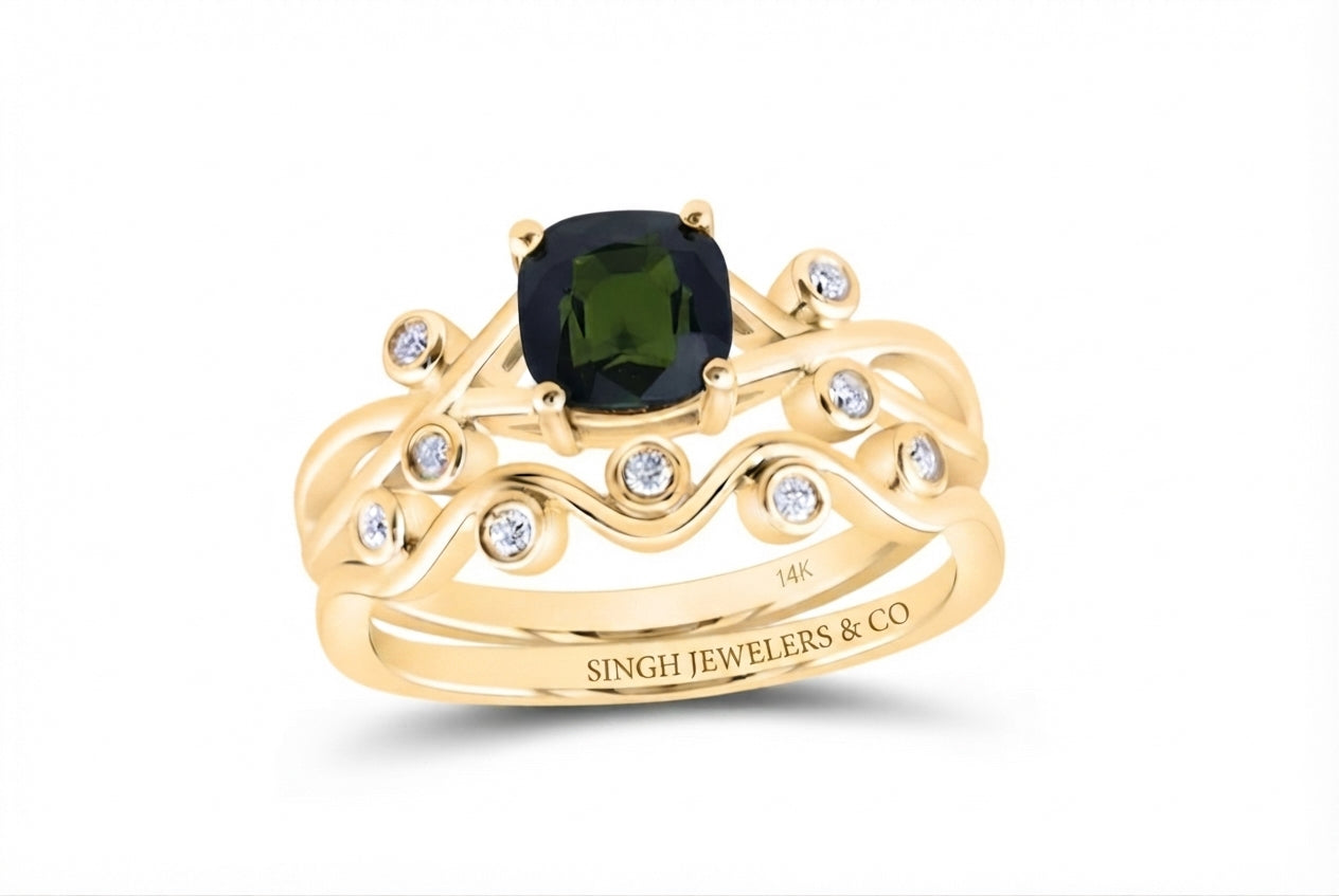 14K gold green tourmaline bridal set with natural diamonds