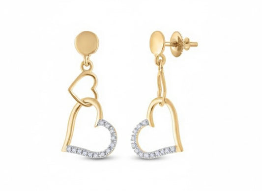 14K yellow gold heart dangle earrings with 1/10 CTW round diamonds