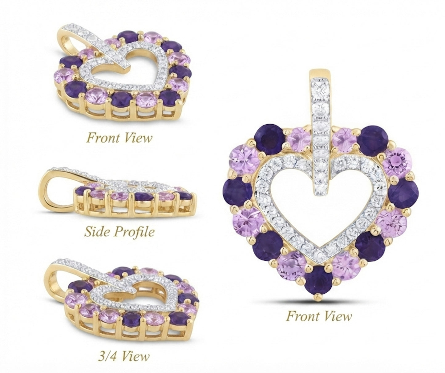 14K gold heart pendant with natural pink sapphire, amethyst and diamonds profile