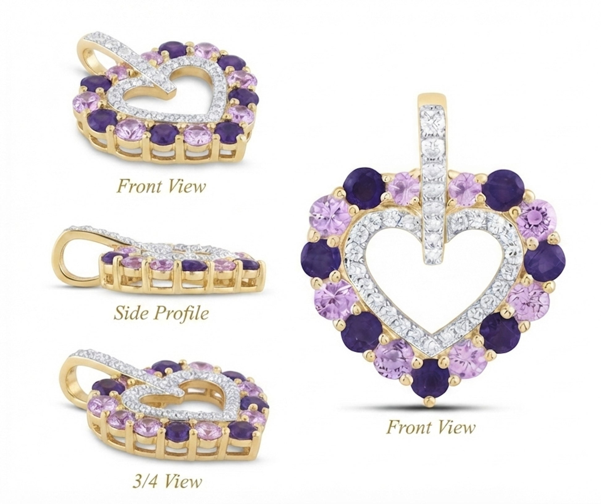 14K gold heart pendant with natural pink sapphire, amethyst and diamonds profile