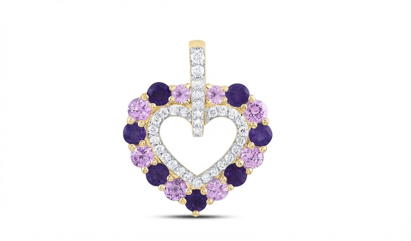 14K gold heart pendant with natural pink sapphire, amethyst and diamonds