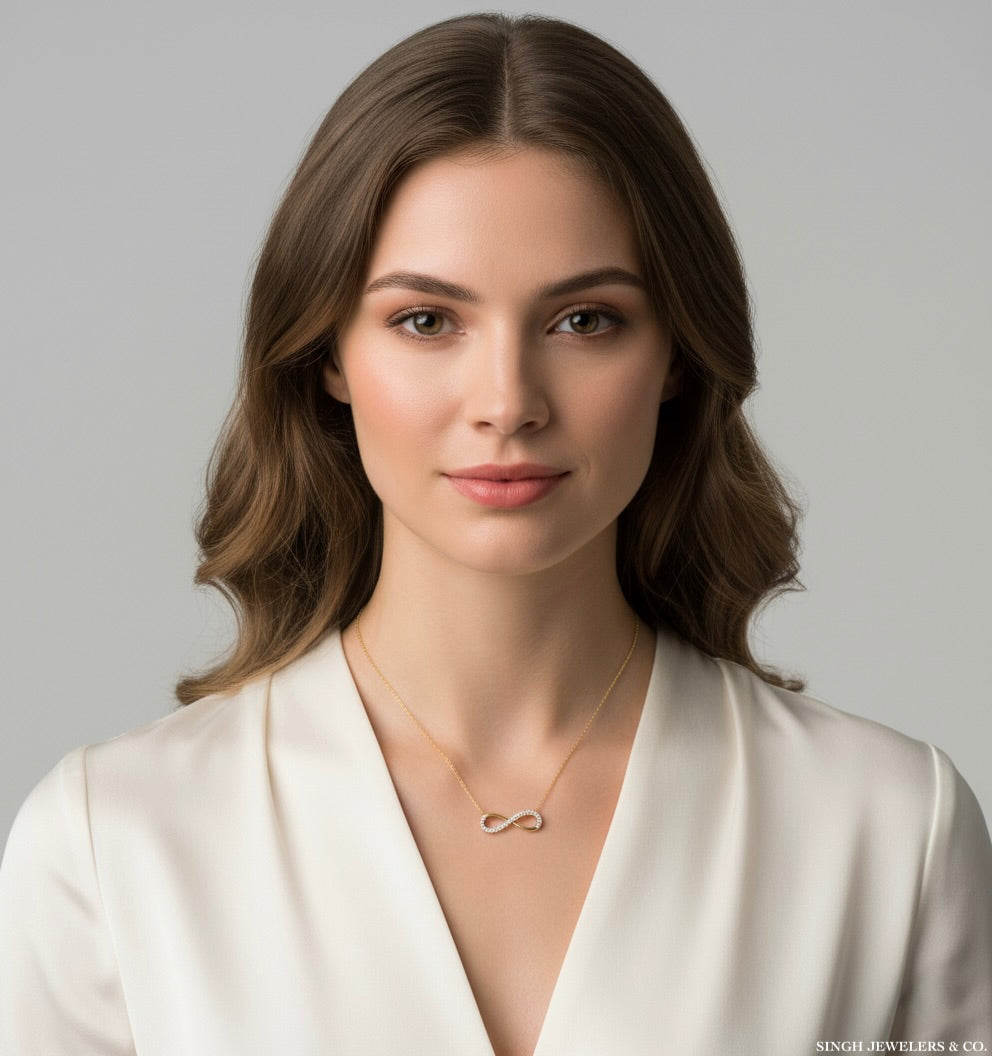 14k gold necklace on model