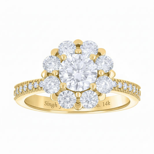 Gold ring with diamond cluster on a white background