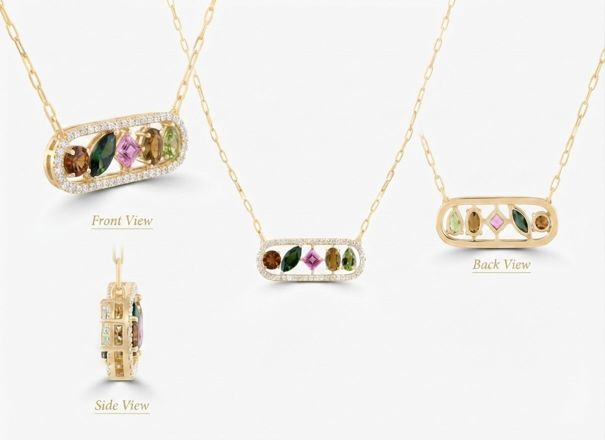 A multi-view product presentation of a gold necklace with a bar-shaped pendant set with multiple colored gemstones (green, pink, brown, yellow) and small clear stones. The image shows front, back, side, and center views on a clean white background.