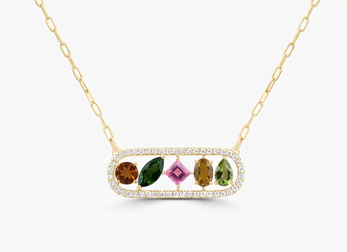 Close-up of multicolor natural tourmaline and diamond necklace