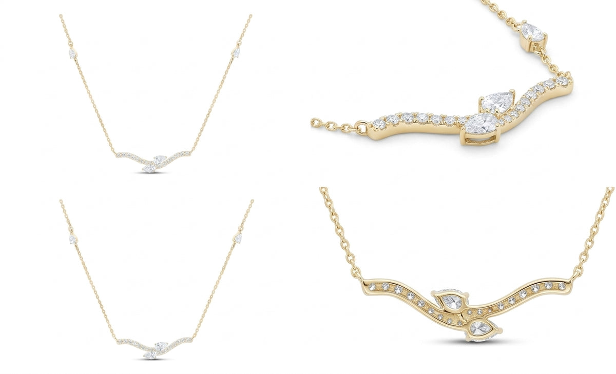 14K gold necklace with natural diamonds and a pear teardrop design, 7/8 carat total weight, 18 inches long different angles