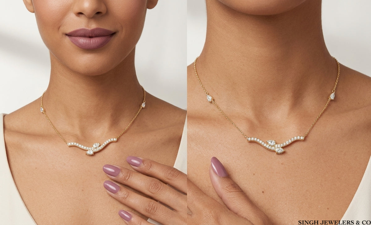 14K gold necklace with natural diamonds and a pear teardrop design, 7/8 carat total weight, 18 inches long on a model 