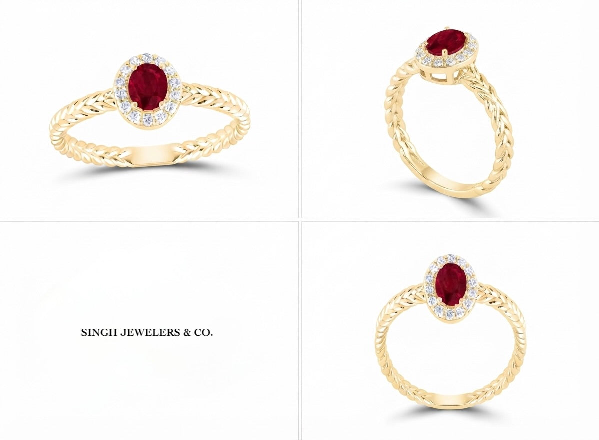 14K gold oval natural ruby ring with 1/10 CTW natural diamonds