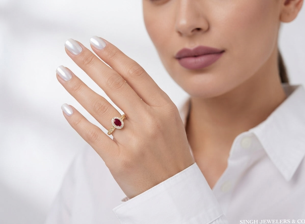 14K gold oval natural ruby ring with 1/10 CTW natural diamonds on a model hand
