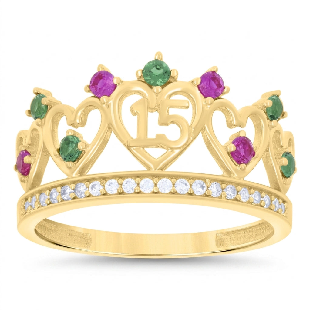 14K yellow gold multi-stone ring with white sapphires, green and purple gemstones