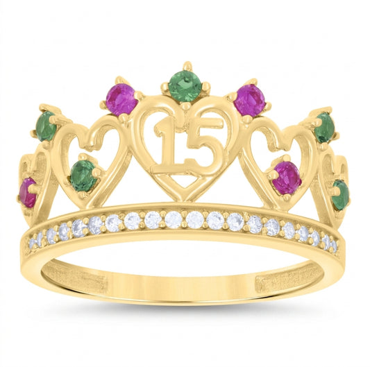 14K yellow gold multi-stone ring with white sapphires, green and purple gemstones