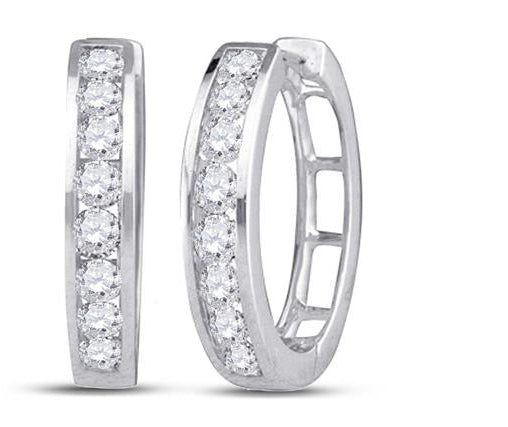 Front view of 14K gold round 1/2 Cttw diamond hoop earrings featuring a sleek channel setting for secure diamond placement