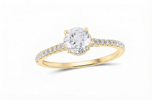 A yellow gold solitaire engagement ring with a round-cut diamond center stone and a pavé band set with small round diamonds, shown on a clean white background.