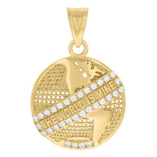 14k yellow gold "The World Is Mine" globe charm with cubic zirconia