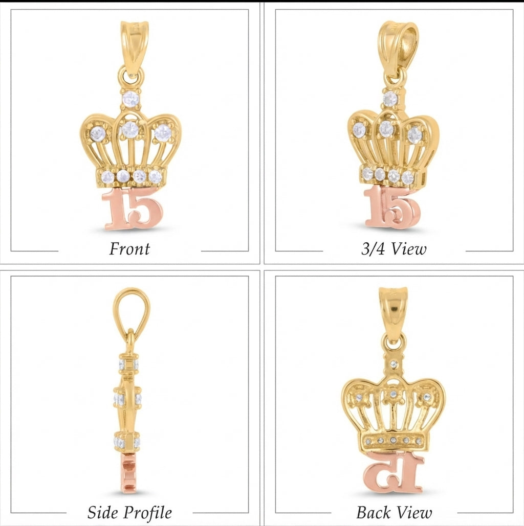 Detail of tri-color 14K gold diamond-cut quinceañera pendant