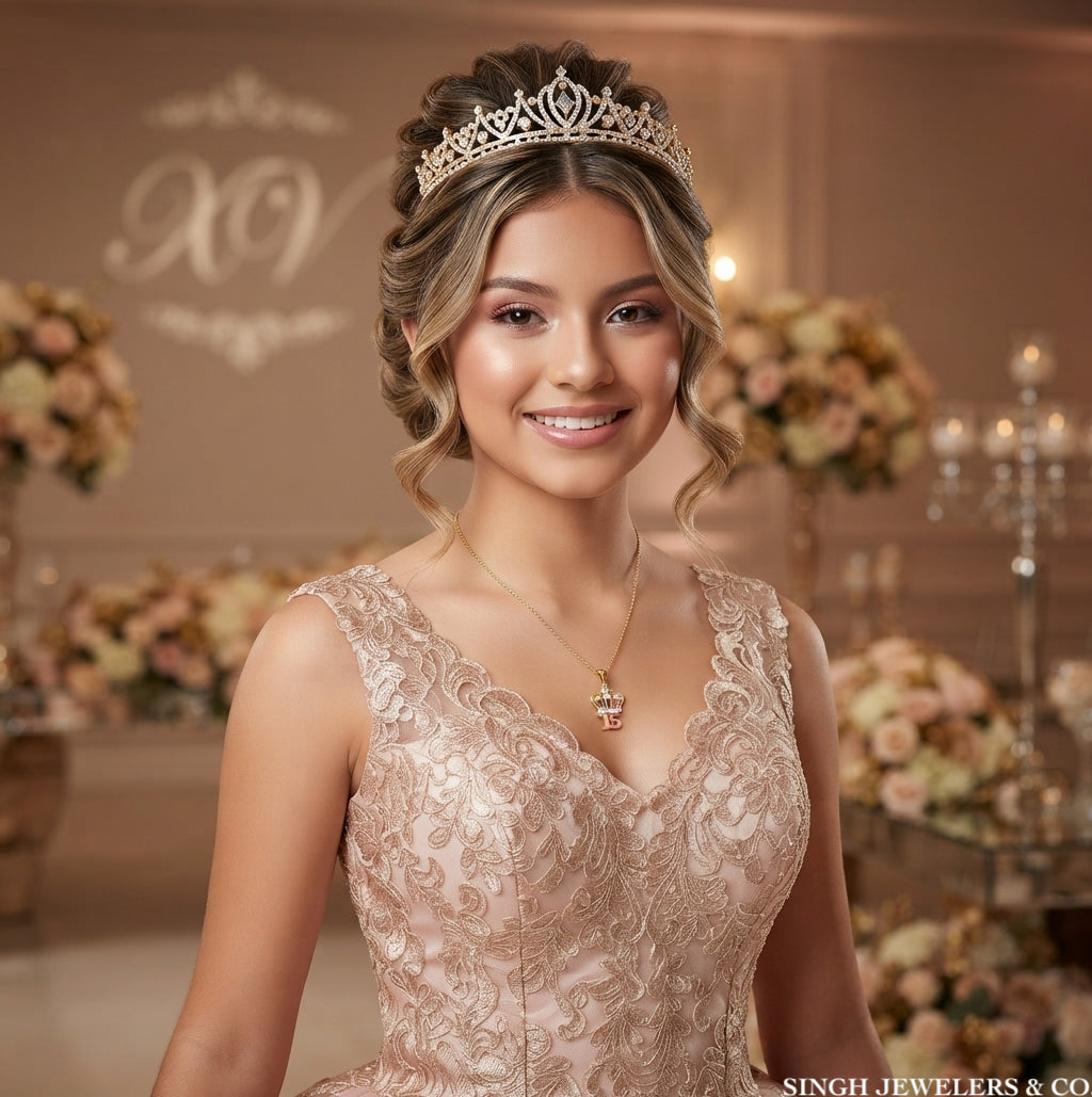 Side view of 14K gold 15 Anos crown pendant charm