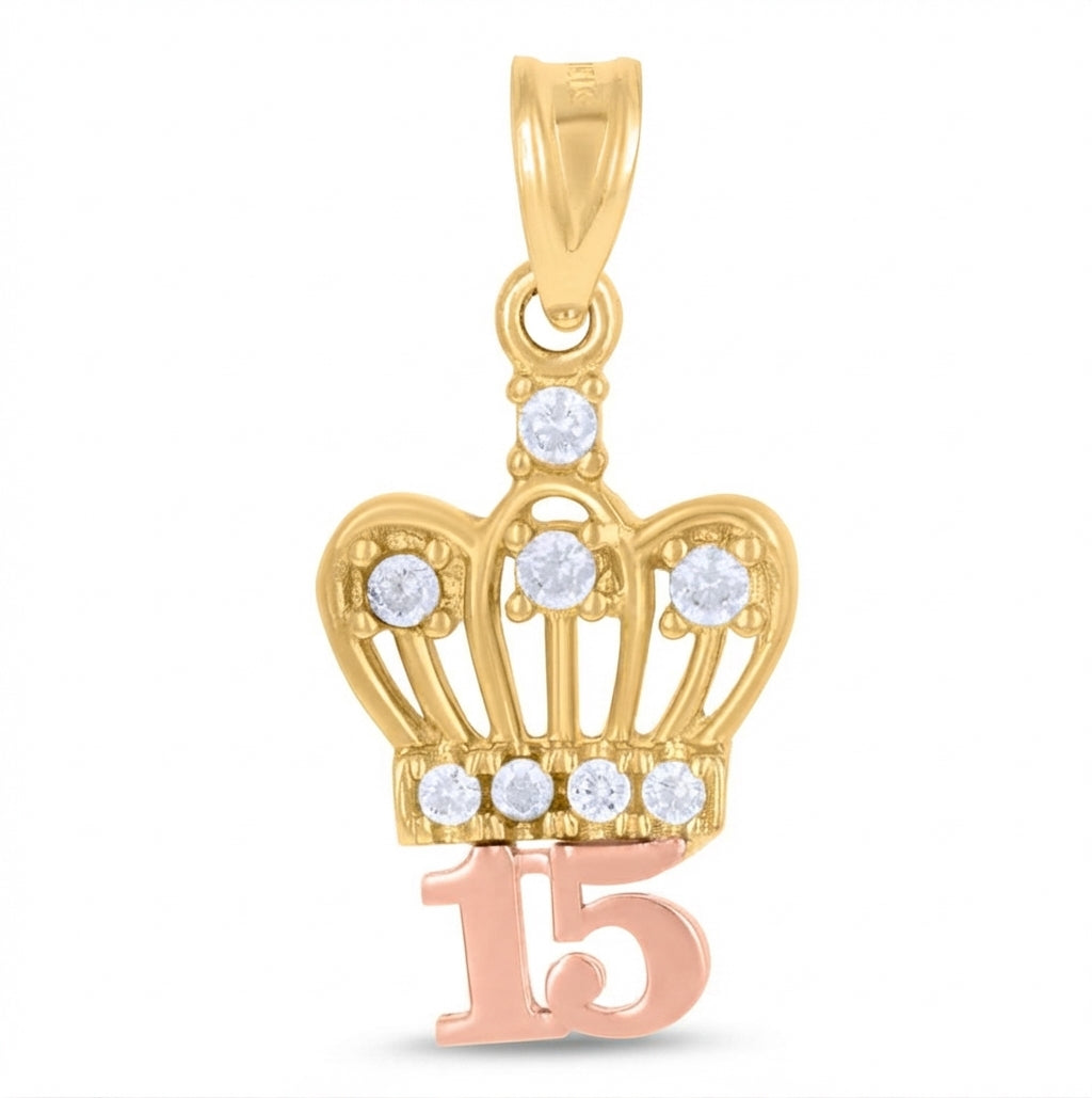 14K gold tri-color 15 Anos crown quinceañera pendant charm