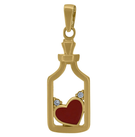 14K yellow gold Love Potion heart in bottle charm pendant with red enamel and white sapphires, 25.5mm height and 8.5mm width