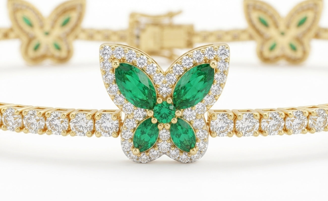 14K gold natural diamond and gemstone butterfly bracelet, 7 inch zoomed in to show details