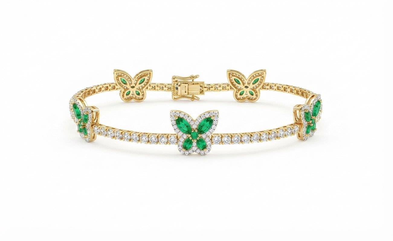14K gold natural diamond and gemstone butterfly bracelet, 7 inch