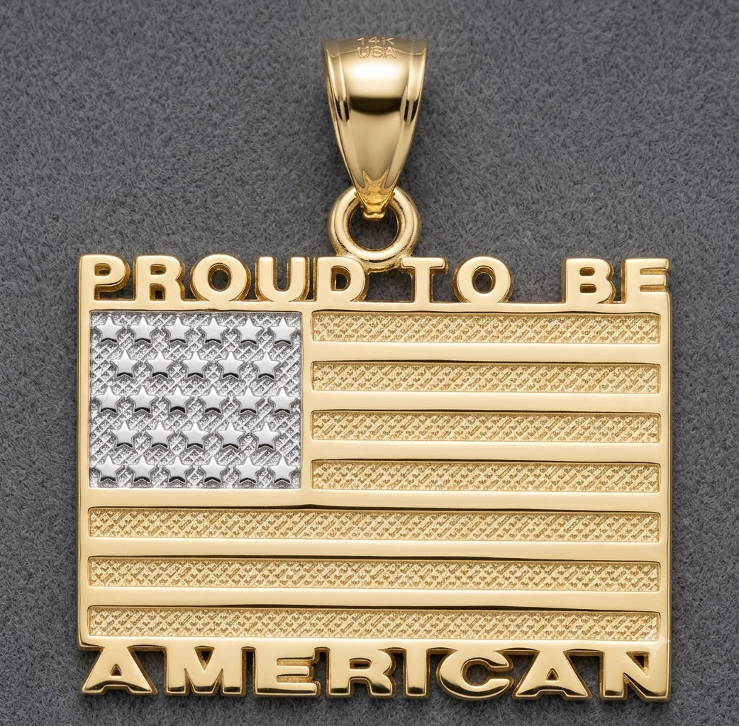 Gold pendant with American flag design and 'Proud to be American' text on a gray background