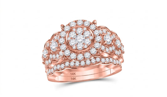 14K rose gold bridal ring set with 2 CTW round diamonds and natural blue sapphires