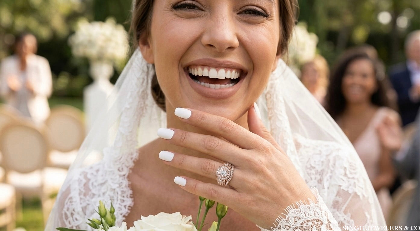 14K rose gold diamond and sapphire bridal ring set worn on hand