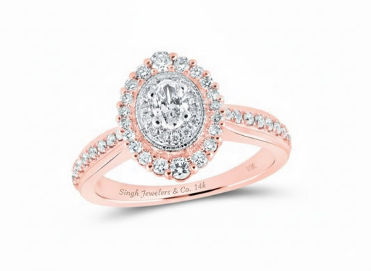 14K rose gold oval diamond halo engagement ring on white background