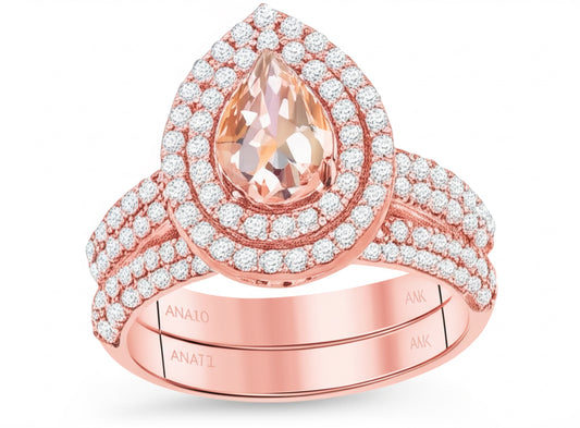 Close-up of 14K rose gold pear morganite and diamond engagement ring