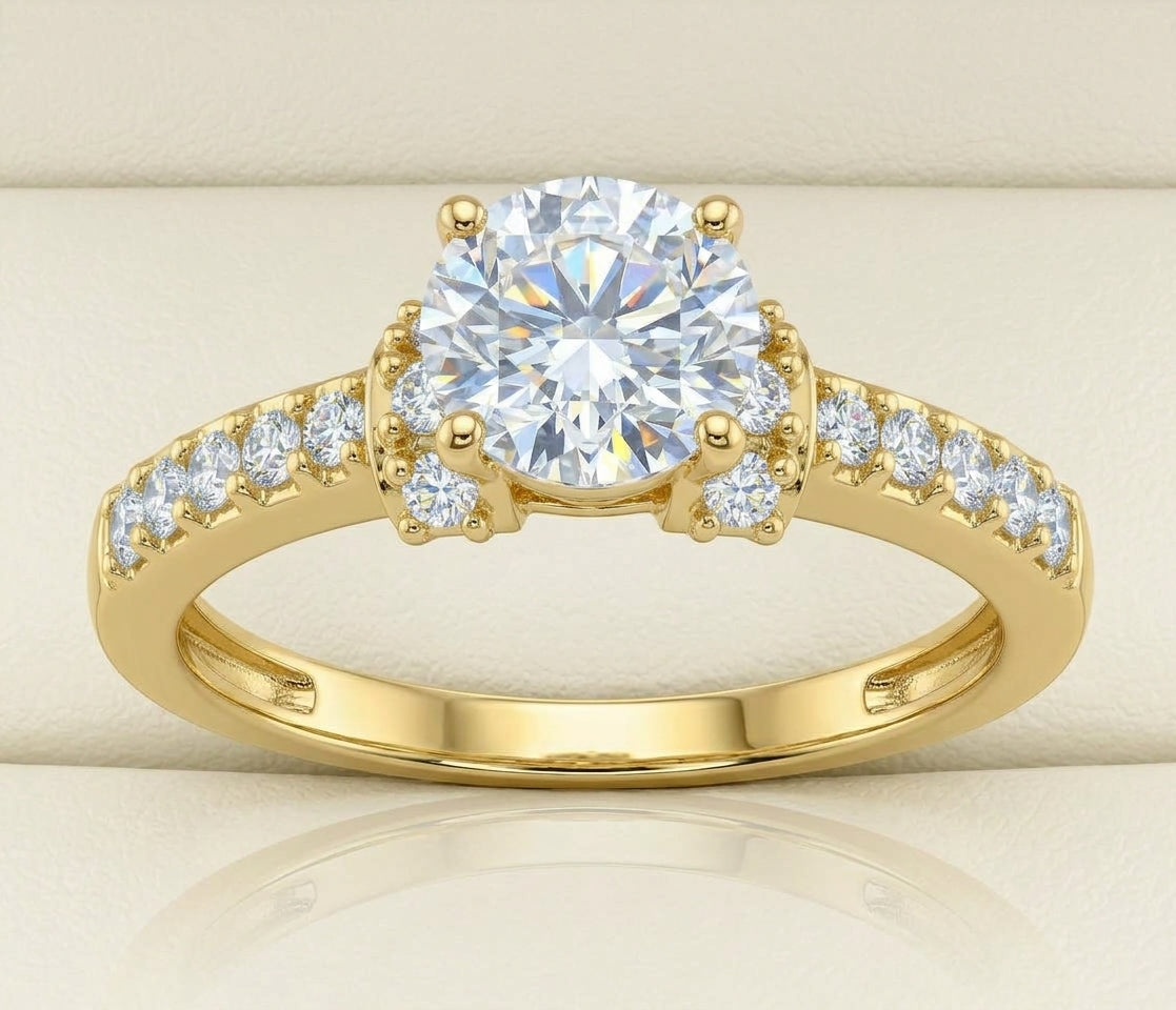 Detailed view of the solid gold band and round cubic zirconia setting