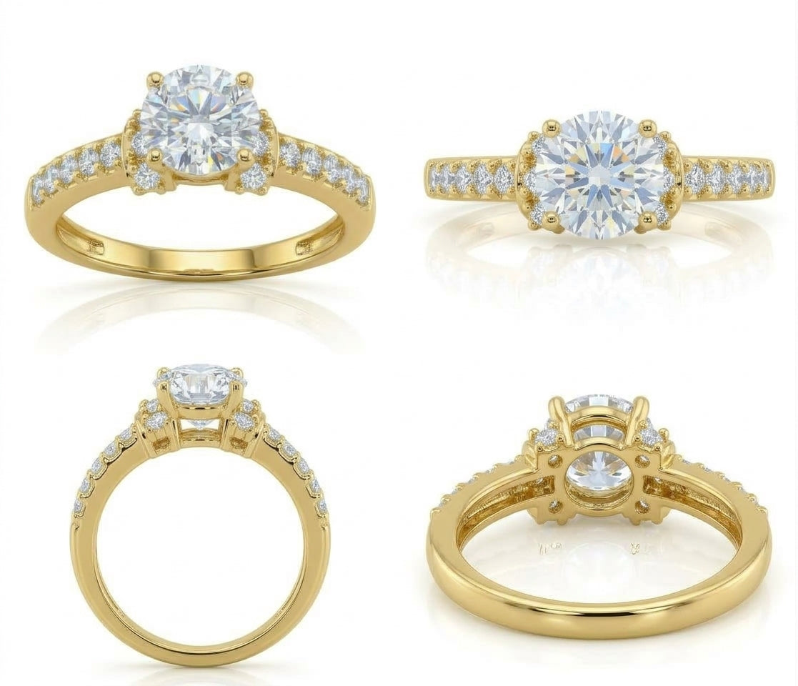 Close-up of the round cubic zirconia center stone in a solid gold engagement ring