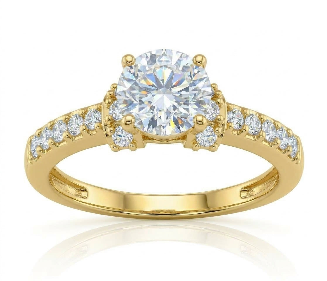 14K solid gold round cubic zirconia engagement ring with a sparkling center stone